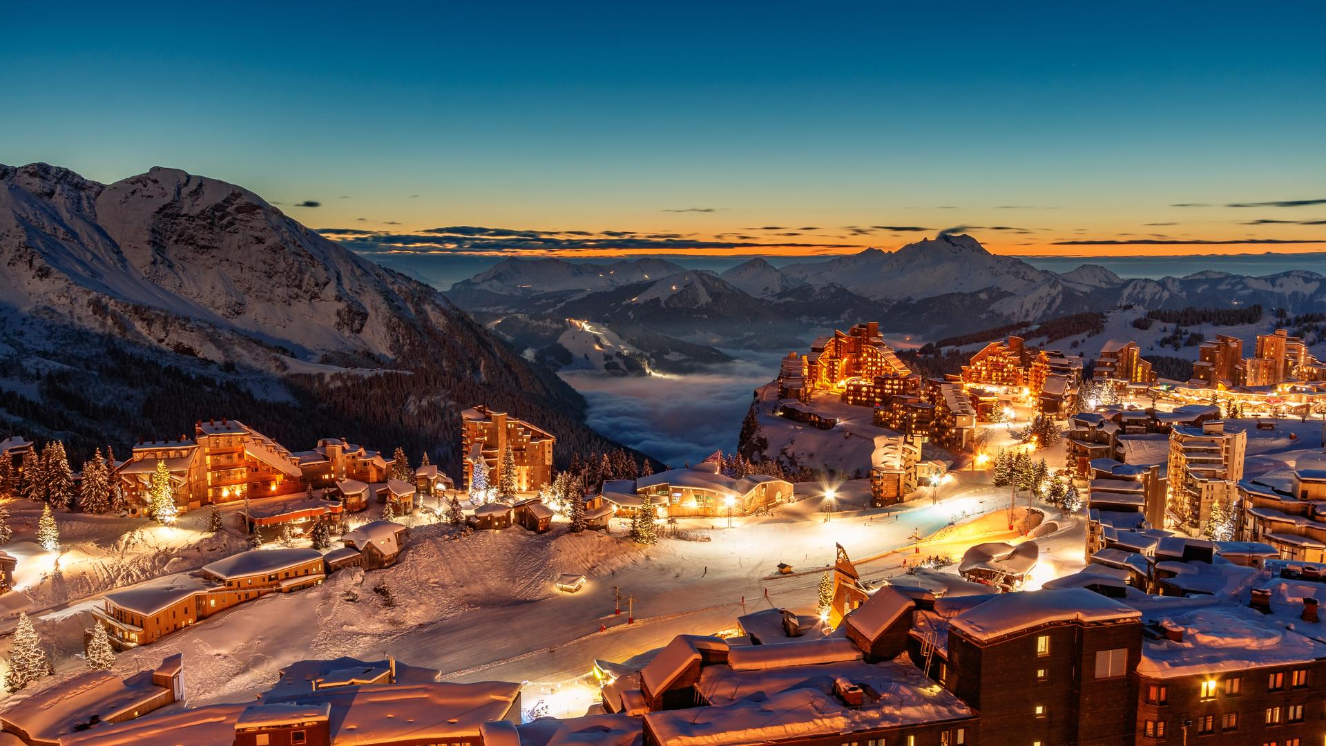 Avoriaz ski resort at sunset